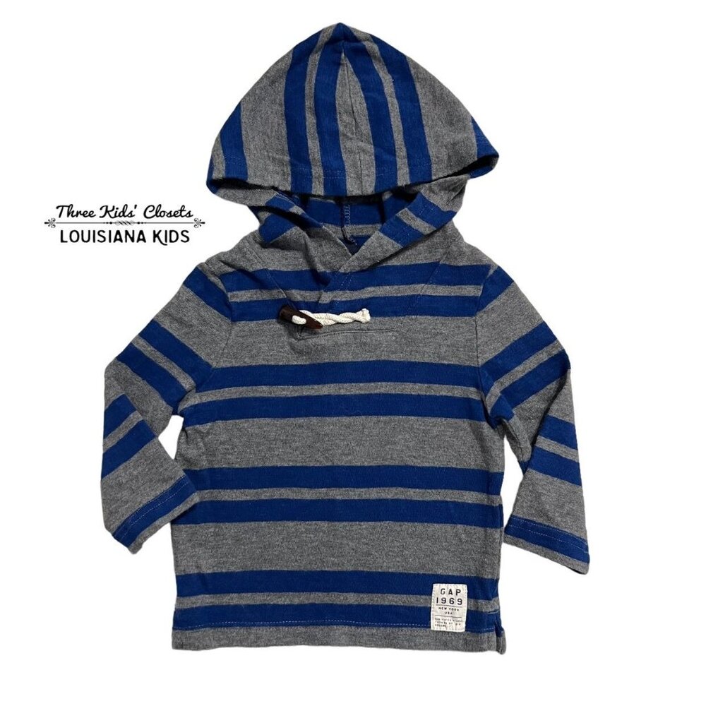 Baby Gap 12-18m Blue & Grey Striped Toggle Hoodie Shirt